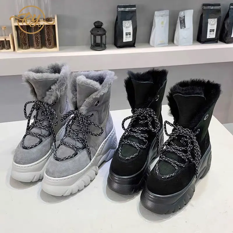 

RY-RELAA winter boots 2020 fashion Genuine Leather snow boots women ins Sheepskin wool integrated boots platform Ankle boots