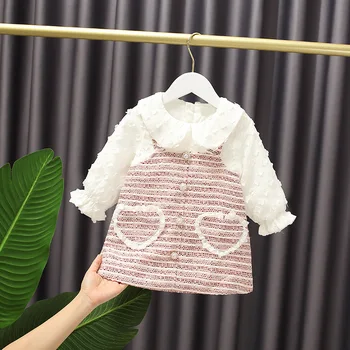 

Autumn New Long-sleeved Skirt Doll Collar Princess Dress Girls' Korean-style Fashionable Dress Above Knee, Mini Plaid Cotton