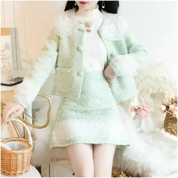 

Women Chiffon Peter Pan Collar Tweed Coat Mini Skirt Set Short Jacket And A-Line Skirt 2 Piece Winter Set Solid Tweed Suit
