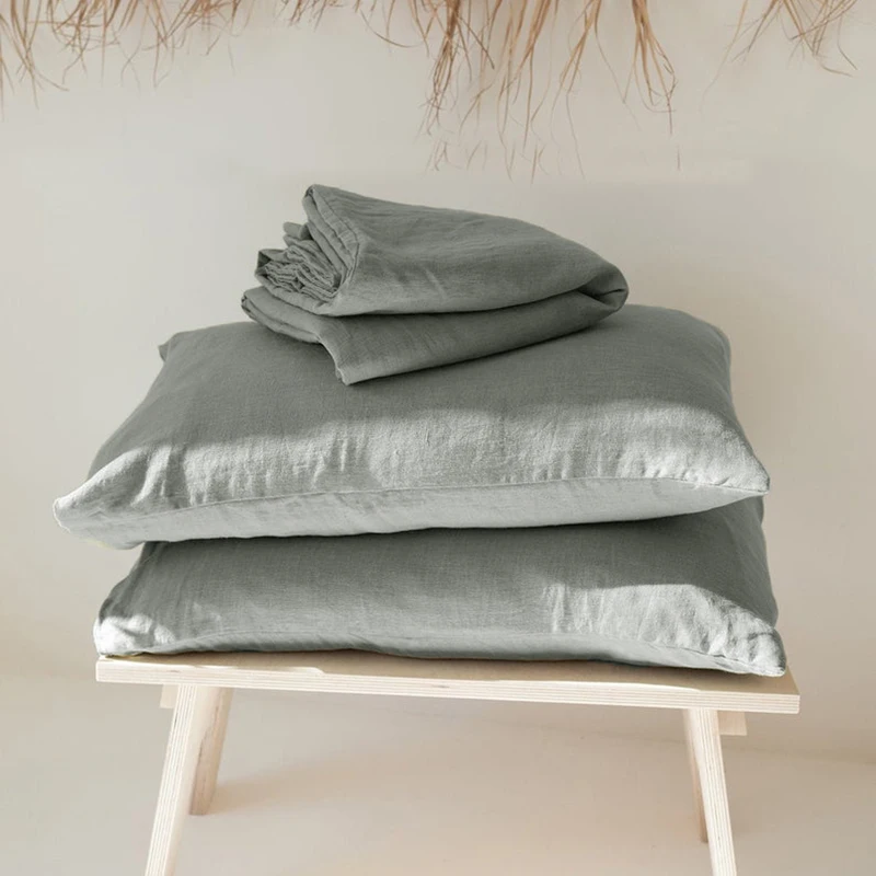 

Nature LINEN Bedding Set 4PCS Green Duvet Cover Set Chic Bed Set Include 1 Duvet Cover With Button Closure 2 Pillowcases Sheet