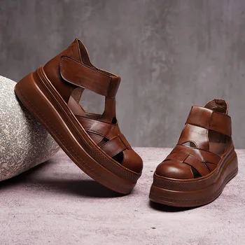 

Original New Style Women Flat Platform Shoes Ladies Genuine Leather Retro Comfortable Sandals Hollow Up Breathable Shoes