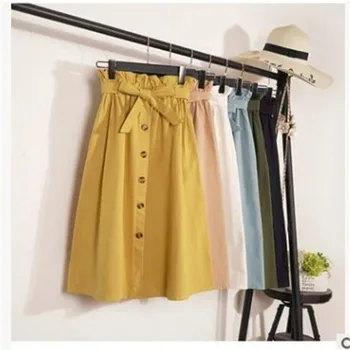 

Skirt Women Summer Autumn Midi Korean Skirts Womens Elegant Button High Waist Skirt Female Pleated School Skirt