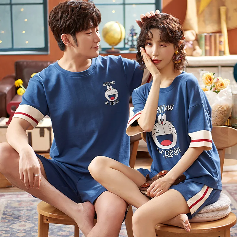 pajama joggers Korean Cute Women Pajamas Set Funny Japan Anime Doraemon Couple Sleepwear Couple Cotton Blue Stripe Short Sleeve Lovers Homewear mens pajama pants Men's Sleep & Lounge