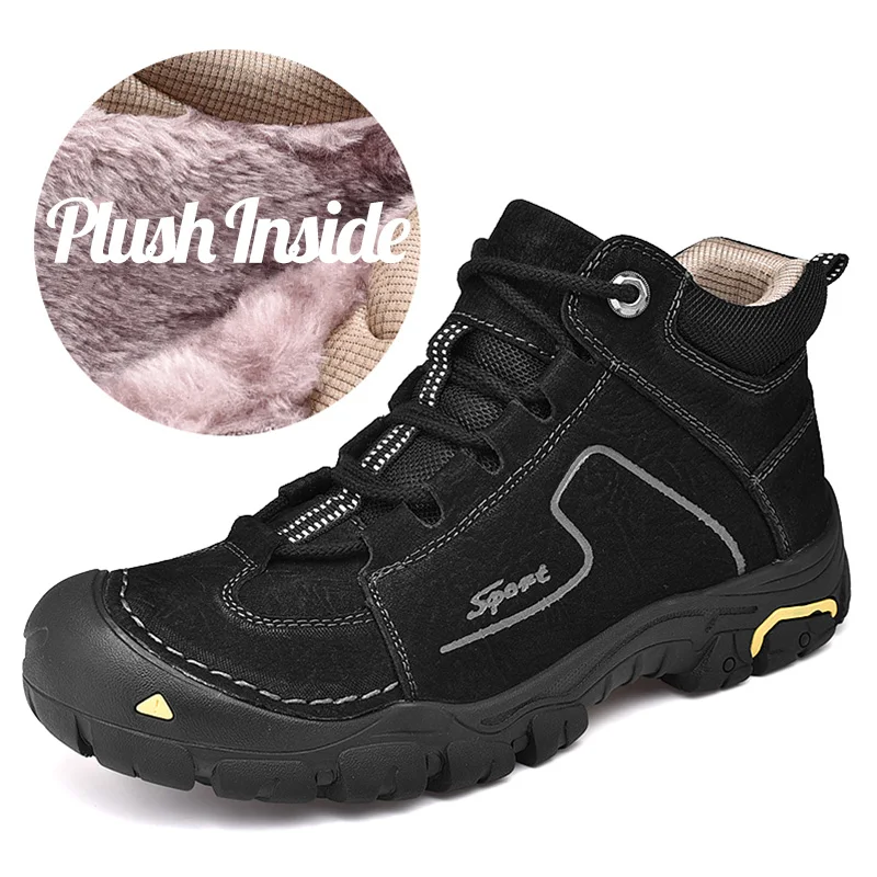 Hiking Shoes Men Winter Snow Shoes Comfortable First Layer Cowhide Leather Outdoor Men Hiking Casual Sneakers Boots Walk Shoes - Цвет: 6675black-plush