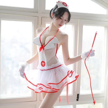 

Sexy Erotic Crotchless Nurse Uniform Cosplay Women Sexy Mesh Lingerie See-through Dress 1 Set Exotic Costumes