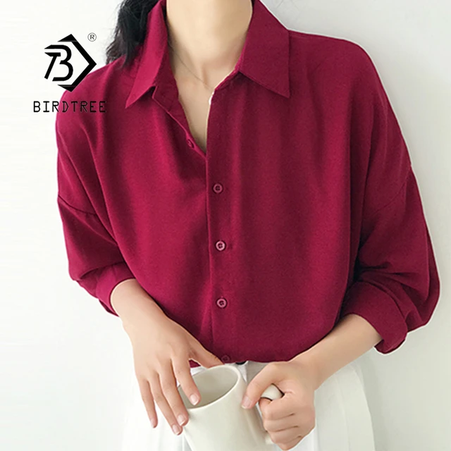 Blusa con cuello vuelto mujer, camisa de gran tamaño con botones, color rojo vino, estilo coreano, T9O905F _ - AliExpress Mobile