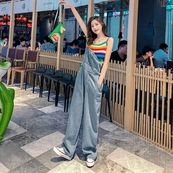 

Women's High Waist Denim Jumpsuits 2020 Summer New Korean Fashion Loose Halter Pants Large Size Wide Leg Jeans Casual Women