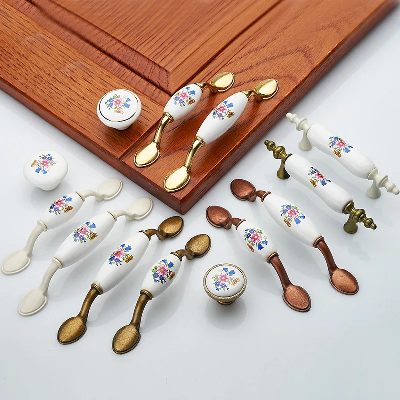 

European Style Bronze Ceramic Handle Modern Pastoral Style Hardware Cabinet Wardrobe Door Handle Gold Flower Drawer Handle
