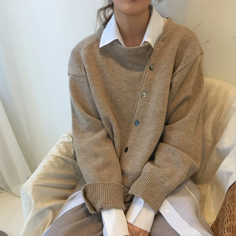 GALCAUR вязаный женский свитер в Корейском стиле с круглым вырезом и длинным рукавом, Кардиган большого размера, женские свитера, осень, модная новинка
