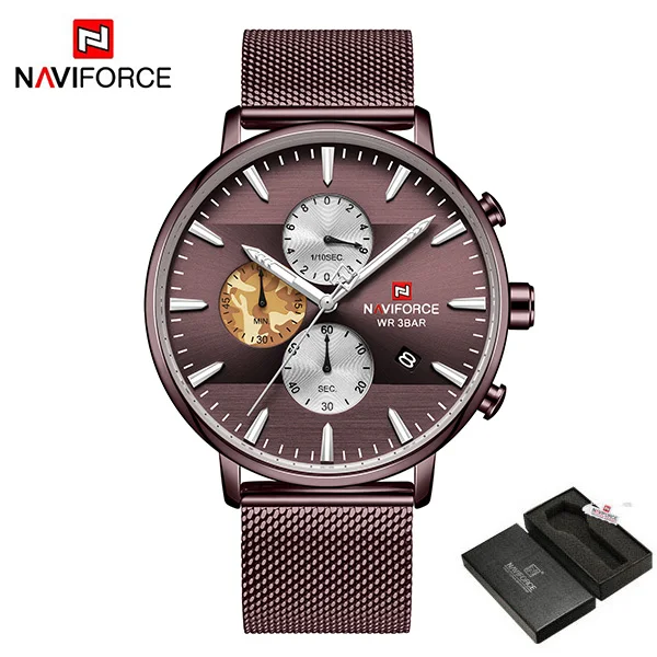 Мужские часы naviforce Топ бренд класса люкс хронограф из нержавеющей стали сетка мужские наручные часы водонепроницаемые кварцевые спортивные часы Подарки - Цвет: CoffeeWithBox