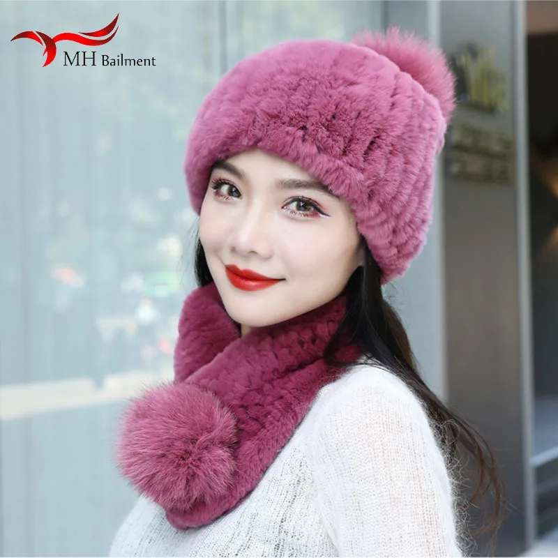 

Ladies Knitted Rex Rabbit Fur Hat Scarf Suit Winter 100% Authentic Fluffy Warm High Quality Hat Thick Soft Knitted Scarf Women