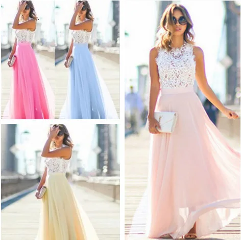 BacklakeGirls Contrast Color Chiffon Evening Dresses Round Neck Sleeveless Appliques Long Party Dress Sukienki Dla Dziewczynek | Свадьбы и
