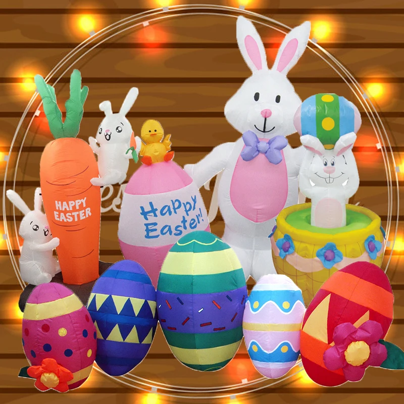 

Easter Inflatable Outdoor Toys Easter Bunny Family Eggs Carrot with Build-in LEDs Blow Up Decorations for Party Yard Garden Lawn