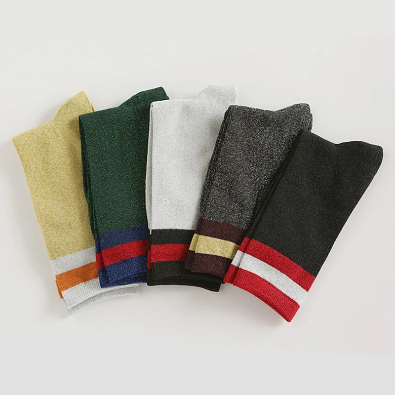 Модные блестящие женские носки в полоску яркие стиле Харадзюку модные ярких