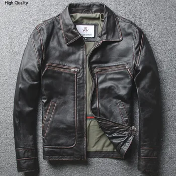 

2020 New Fashion Men's Genuine Leather Jacket Cowhide Casual Short Lapels Motorcycle Biker Jacket Retro Vintage Leather Coat