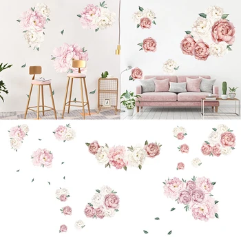 

New 1pc Pink Peony Flower Wall Stickers Romantic Flowers Home Decor for Bedroom Living Room DIY Vinyl Wall Decals 60x40cm
