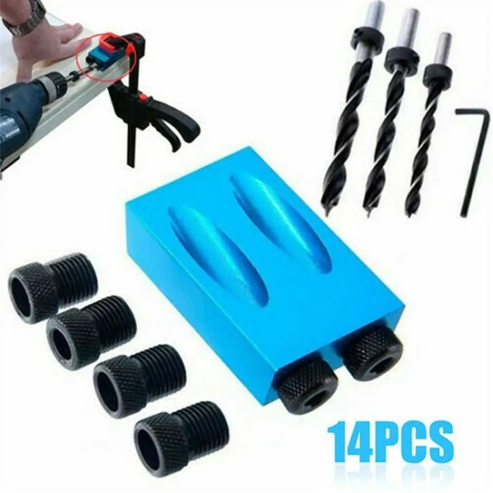 

Inclined Hole Locator 14pcs Power Tools Kit Cross Screw Driver Drill Bit Portable 15° Tool Set Pockethole Jig Step Drilling Bit
