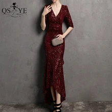 

Burgundy Short Evening Dresses Mermaid Sequin Prom Gown V Neck Glitter Party Dress Half Long Sleeves High Low Formal Gown Chic