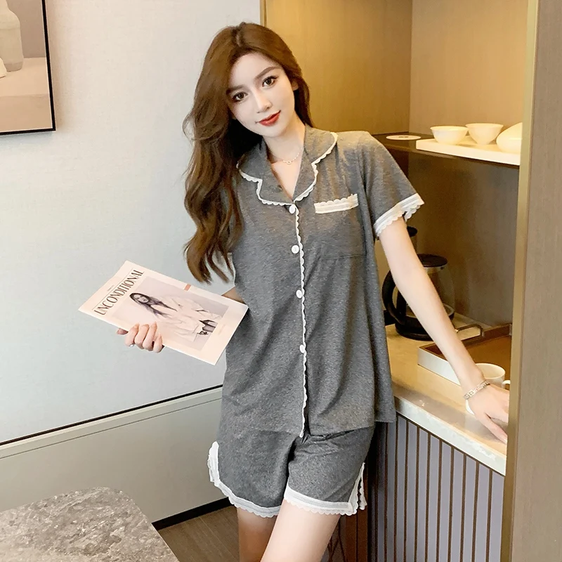 2021 Summer Short Sleeve Pajama Sets for Women Korean Cute Lace Shorts Sleepwear Suit Pyjamas Homewear Home Clothes Suit Women