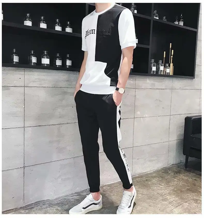 

New Style Summer Leisure Suit Men's Short Sleeve T-shirt MEN'S Ninth Pants Thin Two-Piece Set Korean-style Trend of Fashion T-sh