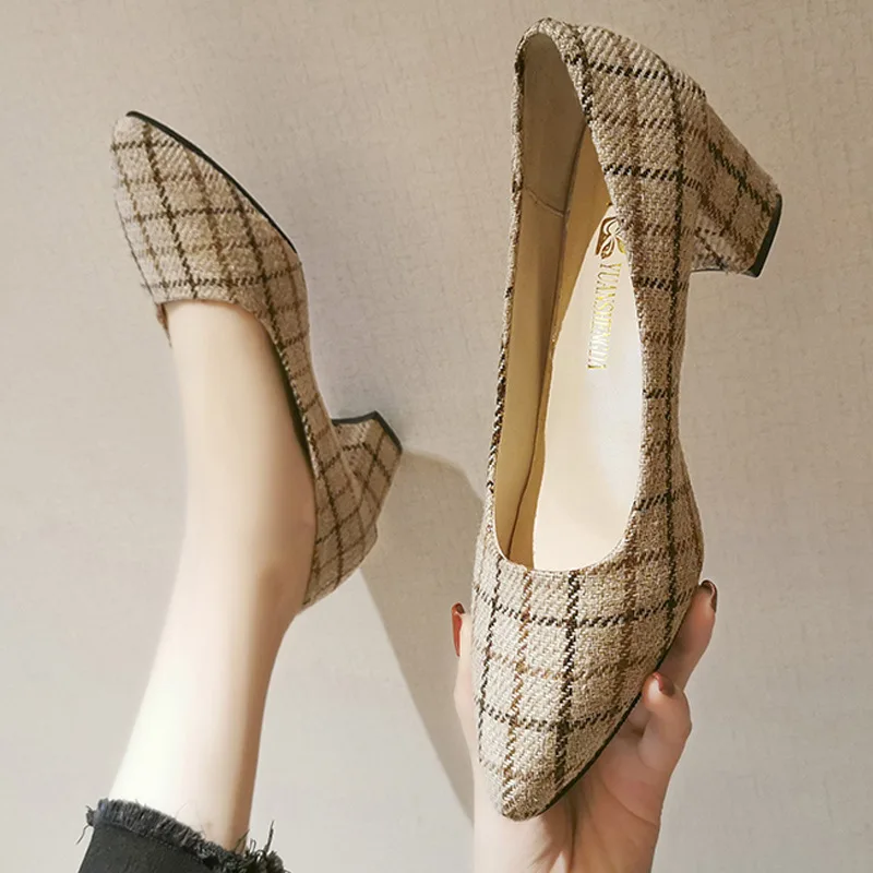 

2020 Spring New Thick High Heel Black Suede Single Shoes Woman Pointed Toe Mujer Head with Wild Women's Pumps Shoes Plus Size 41