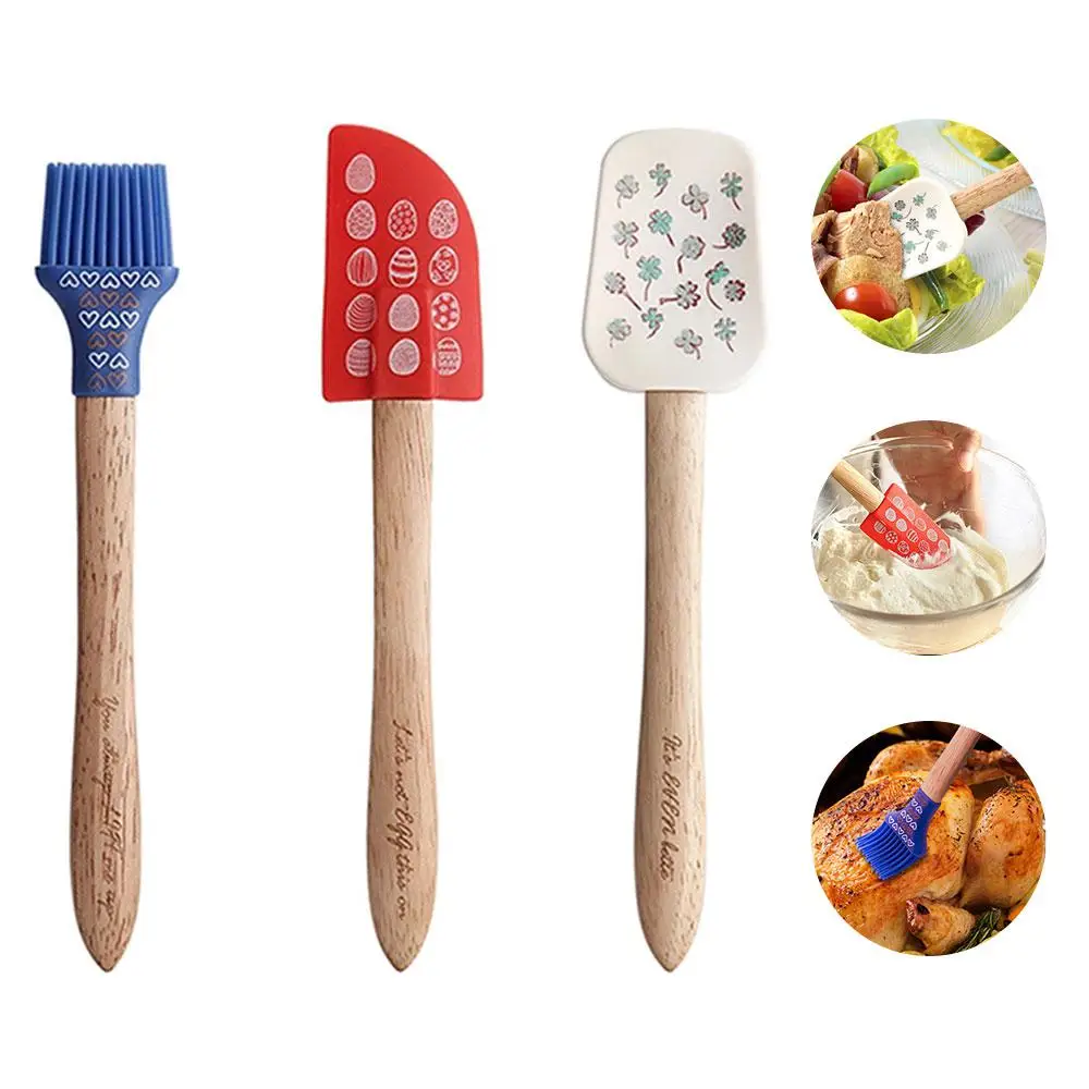  3pcs Kitchen Silicone Cream Butter Cake Spatula Wooden Handle Mixing Batter Scraper Brush Butter Mi