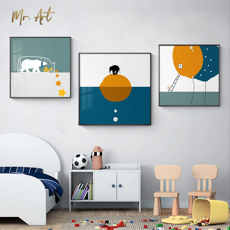 

Modern Cartoon Canvas Painting White Bear Elephant Giraffe Poster Home Decor Wall Art Colorful Picutres for Kids Children's Room