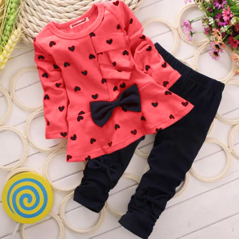 Children's Suit Baby Girls Love Bow Sets Clothes Set Cotton Long Sleeve Sets Infant Baby Outfits Baby Girls Clothing Kids Suits