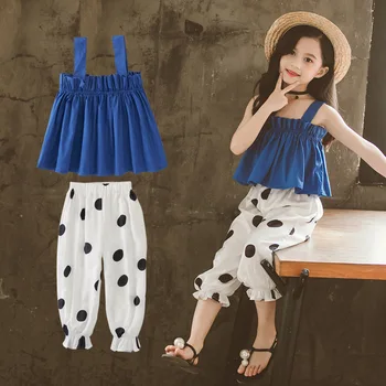 

kid Baby Girls clothes 2020 Summer teenager blue T shirt + Polka dot cow Shorts loose pant Wide leg 3 4 5 6 7 8 9 10 11 12 years
