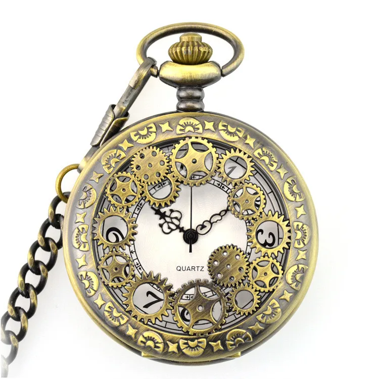 

Mens Pocket Watch Retro Bronze Pocket Watches with Chain Steampunk Skeleton Mens Pocket watch Pointer Ancient Memorial Clock