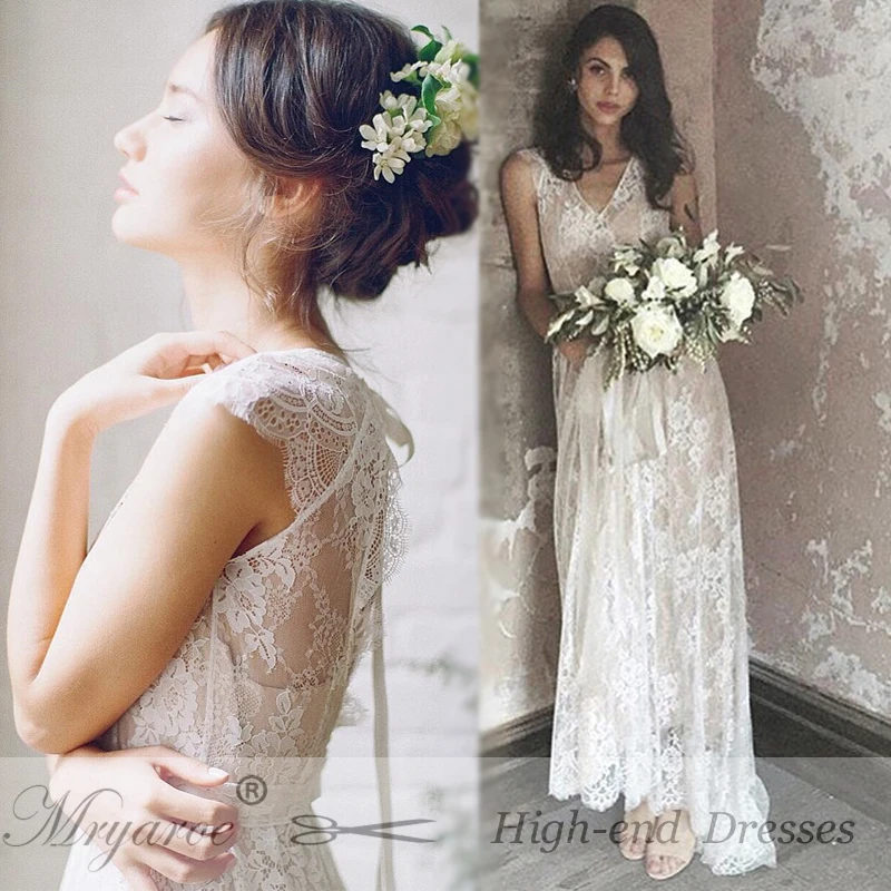 Mryarce Vintage Lace Bohemian Wedding Dresses Keyhole Back bOHO Bridal Dress With Cap Sleeves robe de mariage 5
