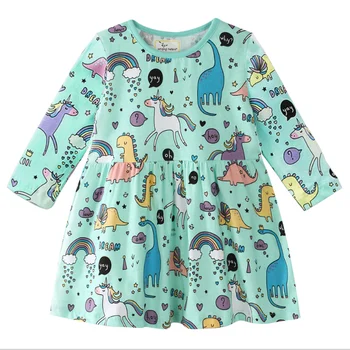 

2020 New Spring Girls Fashion England Style Clothes Girls Dress Long Sleeve Cartoon Animals Dinosaur Unicorn for Kids Dresses