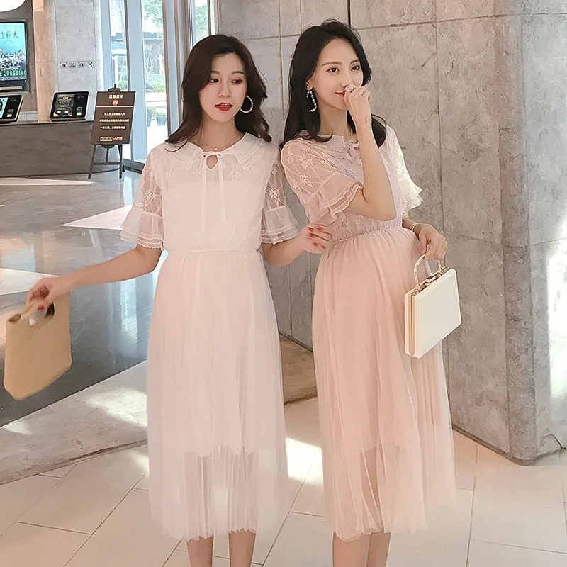 

2019 Maternity Clothes Summer Maternity Clothes Lace Pregnant Women Mid-length Dress