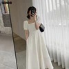 Korean One-Piece Dress Women'S Sweet Dresses 2022 Summer Chiffon Dresses V-Neck Retro Solid Color Puff Sleeve Dresses Midi Dress ► Photo 3/5