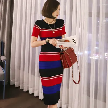 

Summer Knitted Striped Short Sleeve Women Knee-Length Bodycon Sheath Colorful Sweater Dress