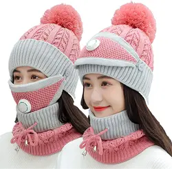 3PCS Knitted Winter Set Women Pompom Beanie Hat Cap Womens Winter Scarf Set Thickend Knitted Hat Scarf Face Cover Outdoor