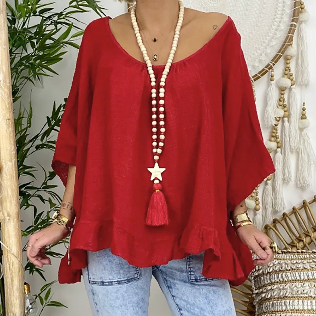 Plus Size Fashion Cotton Linen Blouse Shirt Solid Loose O-Neck Tops Casual Summer Ladies Female Women 3/4 Sleeve Blusas Pullover ► Photo 2/6