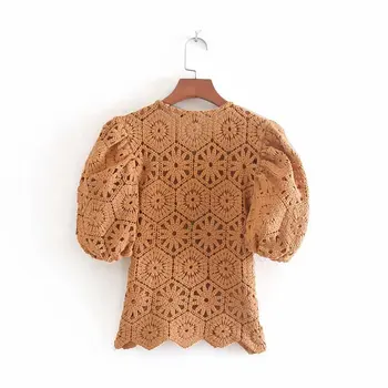 

Women Fashion Hollow Out Knitted Blouse Short Sleeve O Neck Eyelet Shirt Female Chic Casual Tops Blusas Mujer