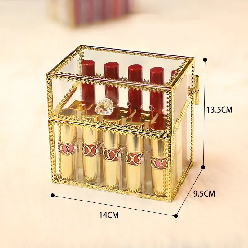 Прозрачный металлический стеклянный органайзер для макияжа пыленепроницаемый с крышкой Держатель для помады Туалетная настольная коробка для хранения