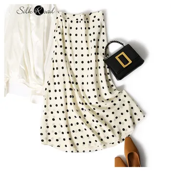 

Silviye Polka dot printed silk skirt medium length skirt with Hip Wrap Skirt high waist and thin A-line skirt