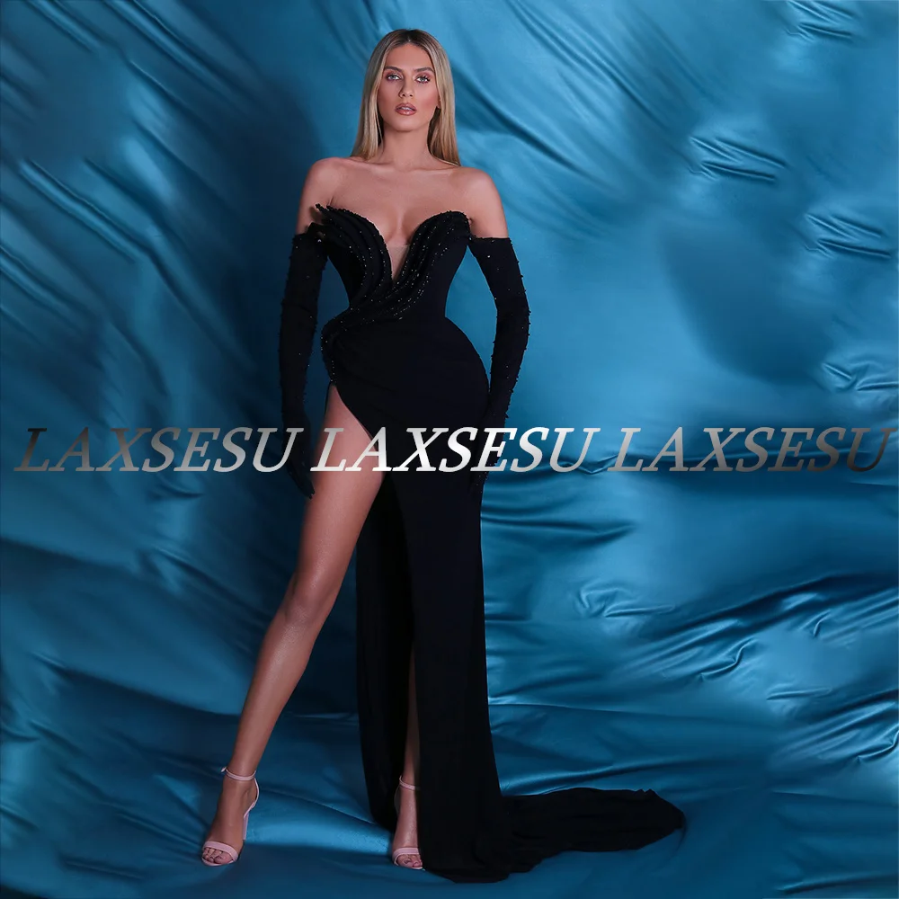 designer evening gowns Laxsesu Black Evening Dresses Starpless Long Sleeve Party Prom Dress 2022 Mermaid Beaded Side Slit Prom Gowns vestidos elegantes plus size gowns