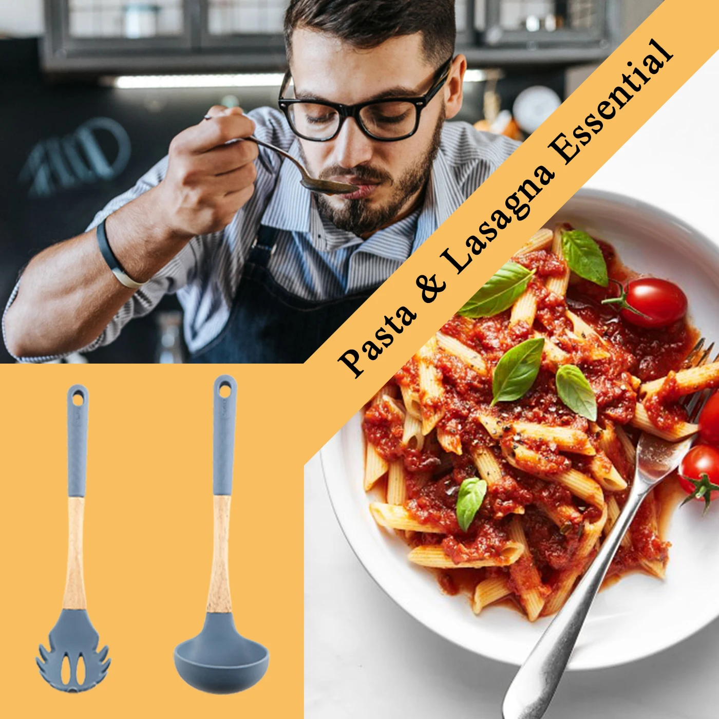 Kitchen Cooking Utensils Set Silicone Wooden Handle Spatula Flex Turner Spoon Ladle Pasta Fork Non-stick Cookware