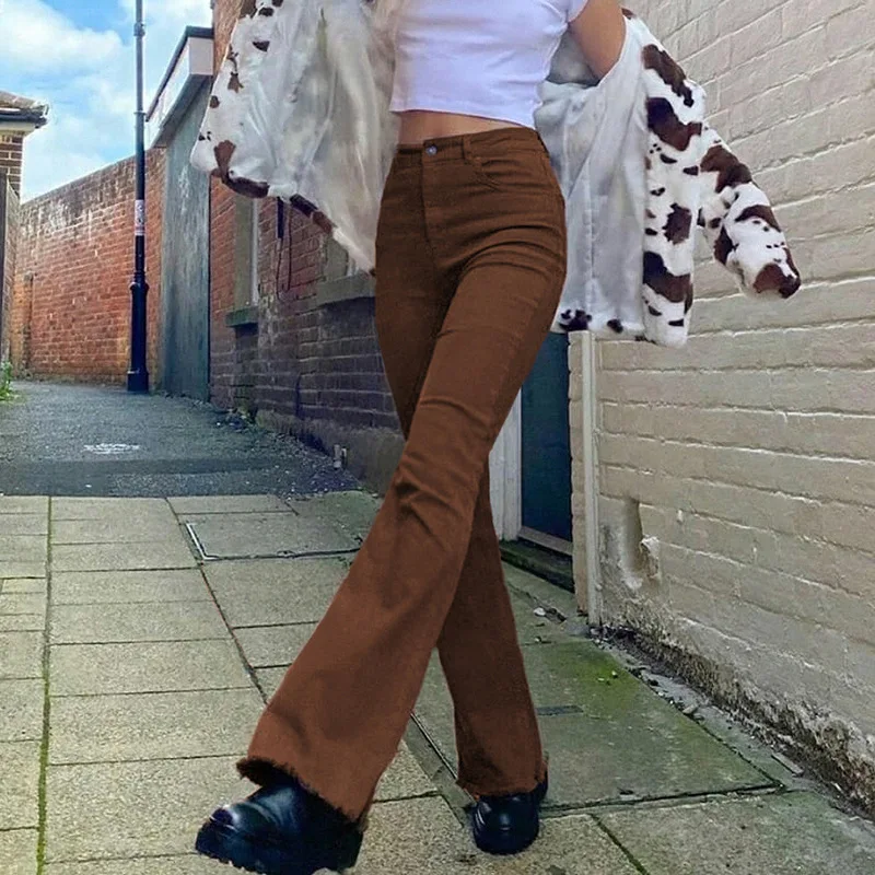 

Indie Aesthetics Slim Brown Flare Jeans Vintage Solid High Waist Moms bell bottom Pants 90s Fashion Denim Trousers E-girl Outfit