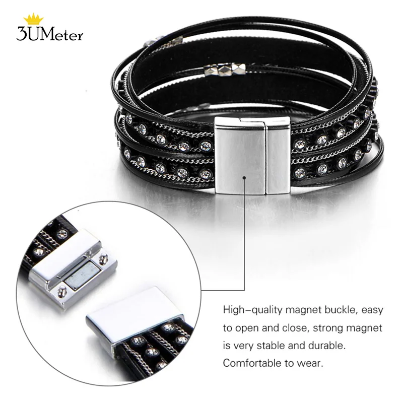 Fashion Black Multiple Layer Leather Bracelet Metal Bead Wrap Bracelets Magnetic Clasp Charm Bangle Jewelry For Women Femme