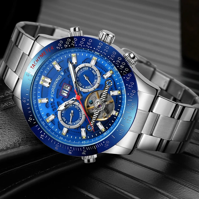 Forsining-reloj mecánico de acero inoxidable para hombre, cronógrafo automático con 2 esferas, Tourbillon, fecha semanal, informal - Imagen 2