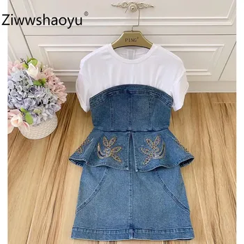 

Ziwwshaoyu Fashion Cotton White Short Sleeve Patchwork Beaded Embroidery Thick Ruffles Denim Dresses Women's Summer Party