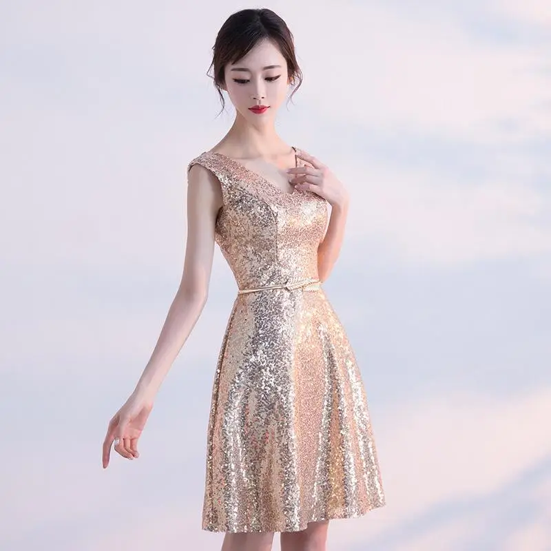 Золотое шикарное китайское современное платье Qipao для женщин Новинка v-образным вырезом без рукавов Формальные Вечерние платья со шнуровкой полная Длина Vestido - Цвет: Gold Short