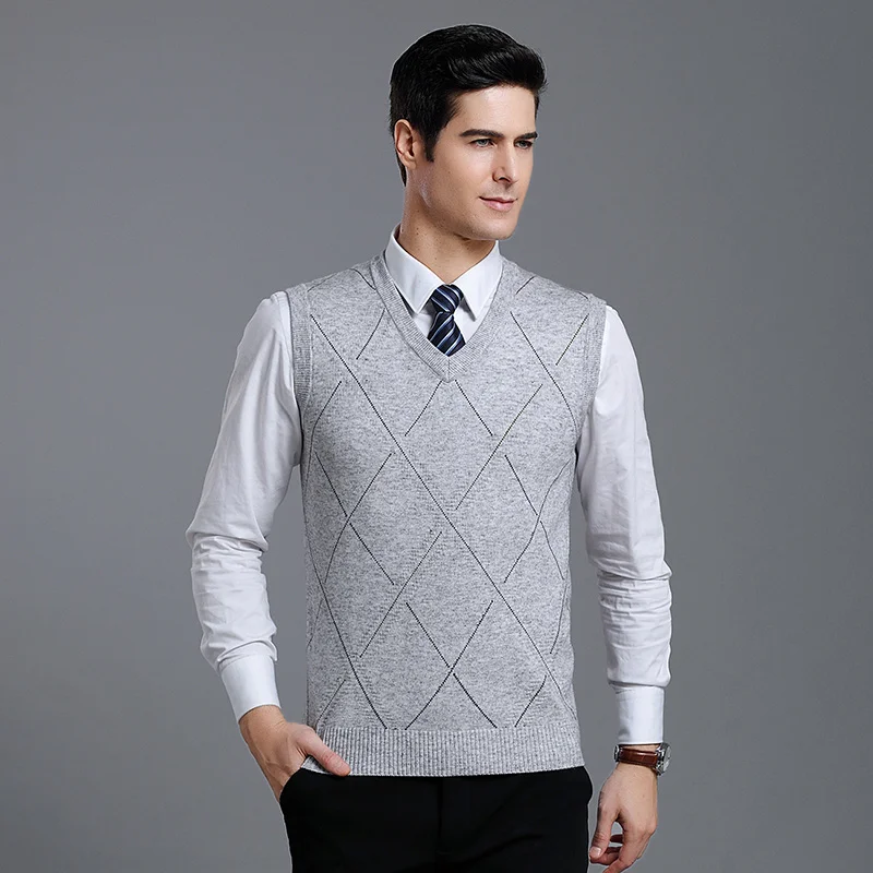 Новые модные мужские свитера, пуловер с v-образным вырезом, приталенные Джемперы, вязаные узоры, без рукавов, осенняя повседневная одежда для мужчин - Цвет: Светло-серый