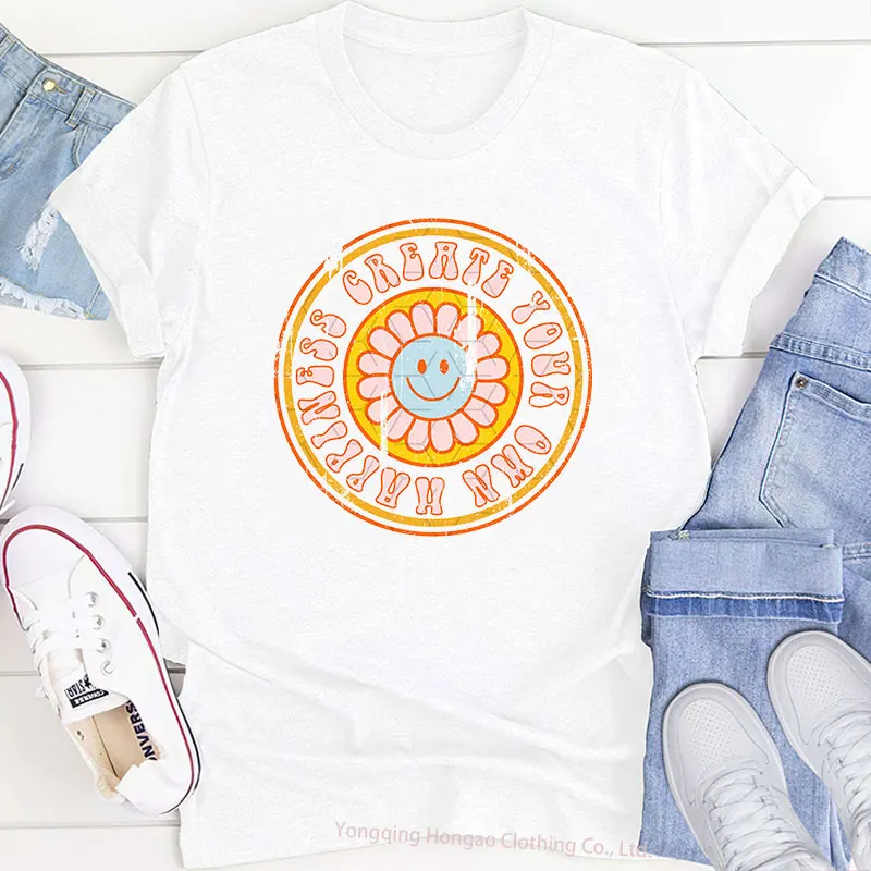 

Wholesale Summer Women T Shirt Tops Tee Create Your Own Happiness Tshirt Tunic Vintage Short Sleeve Women's T-Shirt 2021