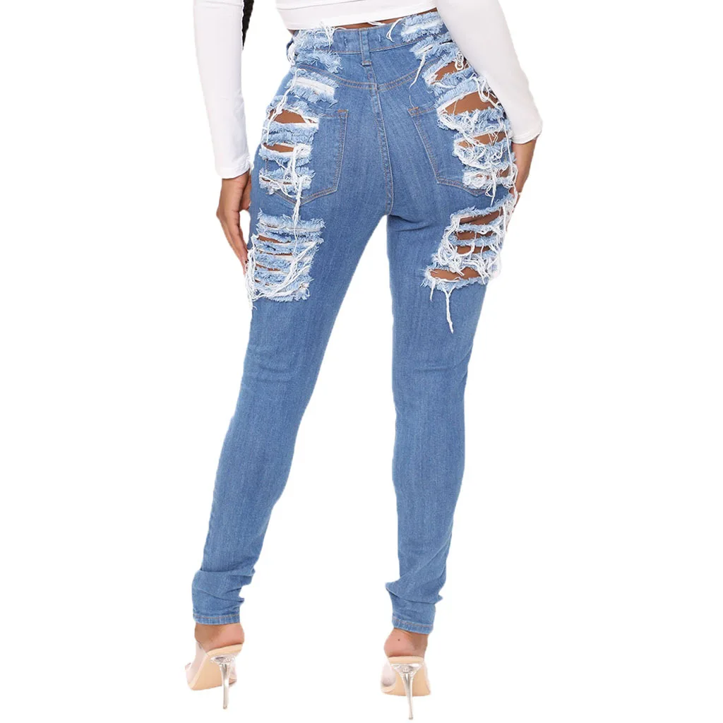 Sexy Ripped Cut Out Jeans Pants Women High Waist Hole Washed Hollow Out Streetwear Denim Trousers Lady Jeans Denim Pencil Pants blue jeans